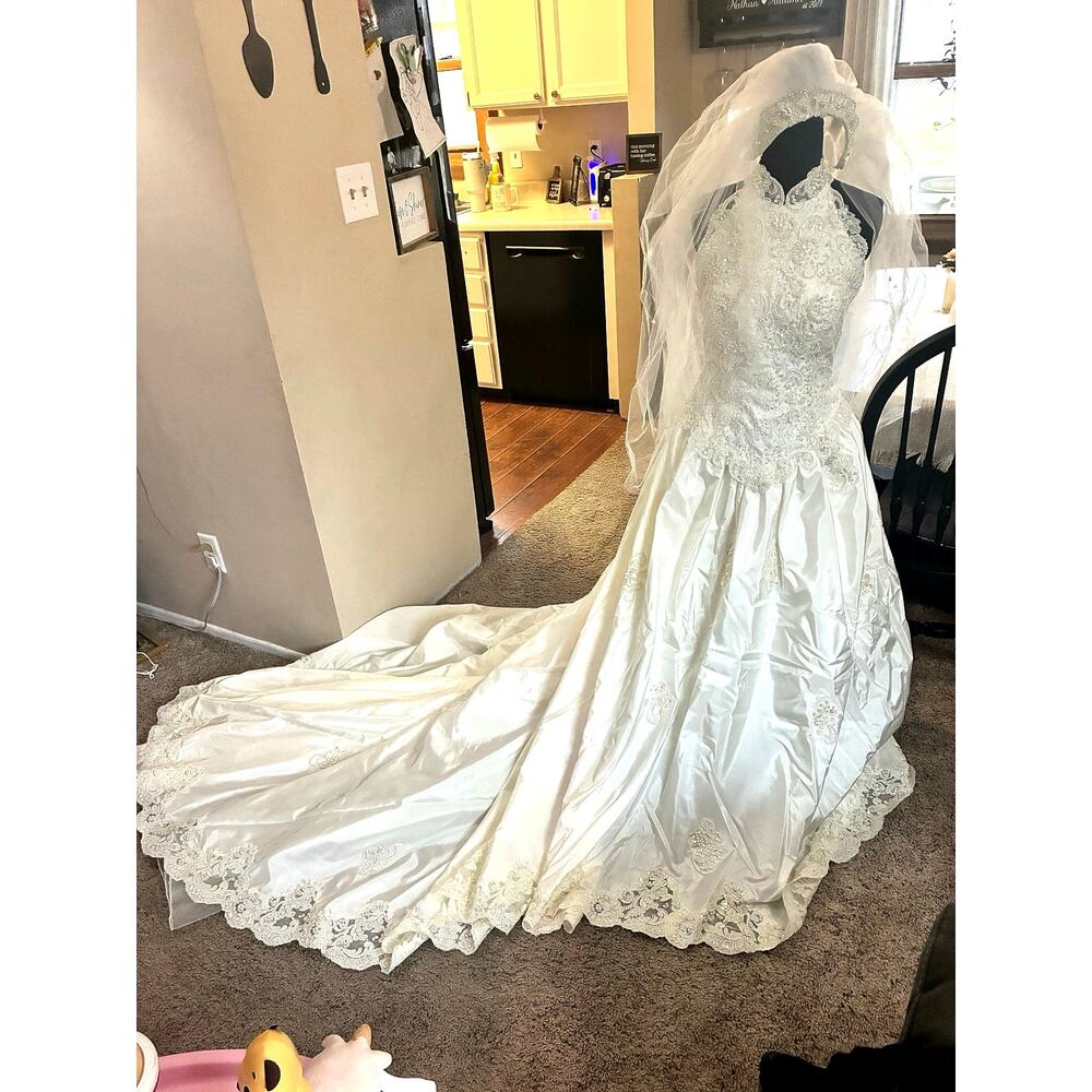 Vintage High-Neck Beaded Wedding Gown Cathedral Train - Veil - As Is Stunning
